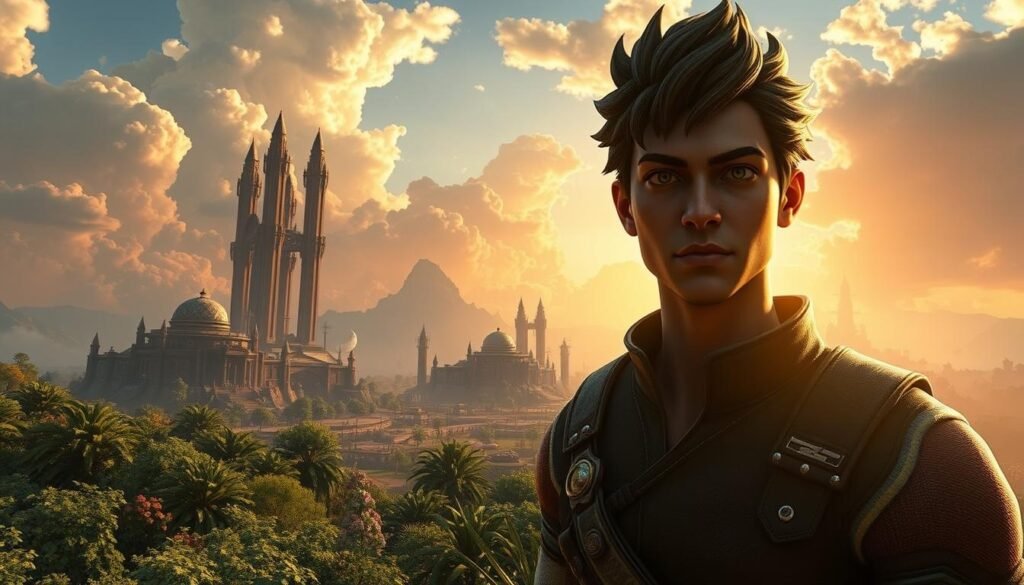 A breathtaking scene of a mobile game with graphics that rival high-end PC gaming. In the foreground, a detailed character model stands with intricate facial features and expressive eyes. The middle ground showcases an expansive, lush environment with towering structures, vibrant vegetation, and realistic lighting. In the background, a stunning skyscape with dramatic cloud formations and a warm, golden glow creates a sense of depth and atmosphere. The overall image radiates a sense of awe-inspiring visual fidelity, immersing the viewer in a visually stunning mobile gaming experience.