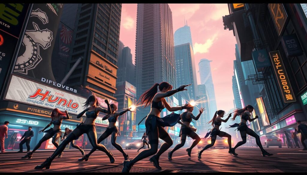 A bustling urban landscape, neon-drenched streets and towering skyscrapers casting long shadows. In the foreground, a group of agile, futuristic-looking characters engage in intense, close-quarter combat, their movements captured with a cinematic, high-energy angle. The background features a blend of modern architecture and vivid, surreal elements, hinting at the game's unique, unconventional setting. Dramatic lighting, with warm hues and dynamic contrasts, creates a sense of dynamism and excitement. The overall atmosphere evokes a cyberpunk-inspired, yet distinctly stylized world, brimming with action and a distinct HoYoverse visual flair.