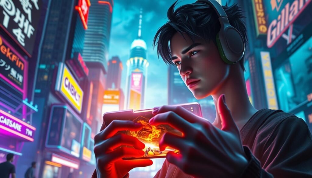 A cinematic rendering of a mobile gaming scene, capturing the essence of high-end PC graphics on a handheld device. Set in a vibrant, futuristic cityscape, the image showcases a protagonist immersed in a captivating gameplay experience, their face illuminated by the glow of the device's display. Vivid lighting from skyscrapers and neon signage casts dramatic shadows, creating a sense of depth and atmosphere. The composition emphasizes the seamless integration of advanced visuals within the compact form factor of a mobile platform, hinting at the technological advancements that will shape the future of mobile gaming.