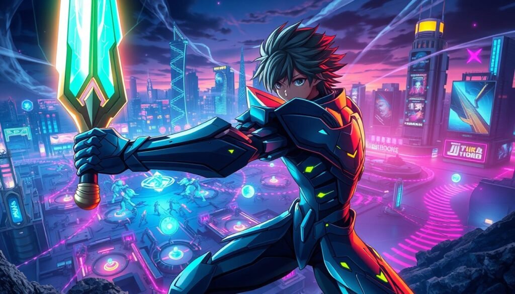 A dynamic action scene featuring a futuristic anime character in sleek armor, wielding a glowing energy sword, ready for battle. The foreground showcases the character in a heroic pose, with intricate details on the armor reflecting neon colors against a dark backdrop. In the middle ground, a vibrant battlefield is filled with robotic enemies and fantastical elements, such as floating orbs of energy and spiraling pathways. The background displays a futuristic city skyline, illuminated by various neon lights and holographic billboards, with a twilight sky overhead. The overall atmosphere exudes excitement and adventure, captured with cinematic lighting to emphasize the character's determination and the chaotic environment. The image should be vivid and captivating, emphasizing the action RPG theme without any text or watermarks.