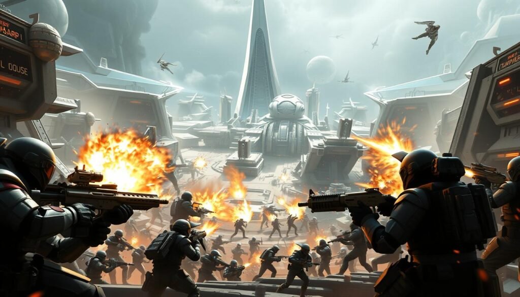 A futuristic arena filled with intense combat. In the foreground, heavily-armored soldiers engage in a fierce firefight, their weapons blazing with energy. The middle ground reveals a complex network of obstacles and cover, forcing the combatants to strategize their movements. In the background, a towering structure looms, its sleek, angular design hinting at advanced technology. Bright, dynamic lighting casts dramatic shadows, heightening the sense of urgency. The overall atmosphere is one of high-stakes, adrenaline-fueled action, as the players fight for extraction and the spoils of war.