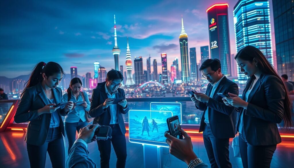 A futuristic mobile gaming scene set in an ultra-modern urban environment. In the foreground, depict a diverse group of gamers, dressed in sleek, professional attire, intensely engaged with their high-tech devices resembling next-gen mobile consoles. The middle ground features neon-lit gaming holograms projecting immersive landscapes and characters, illustrating innovative features like augmented reality and advanced graphics. In the background, showcase a vibrant city skyline at twilight, with electric colors illuminating the sky. Use dynamic lighting to create an exciting, energetic atmosphere, capturing the thrill of next-level gaming experiences. The composition should be wide-angle, emphasizing depth and a sense of technological advancement in mobile gaming without any text, logos, or distractions.