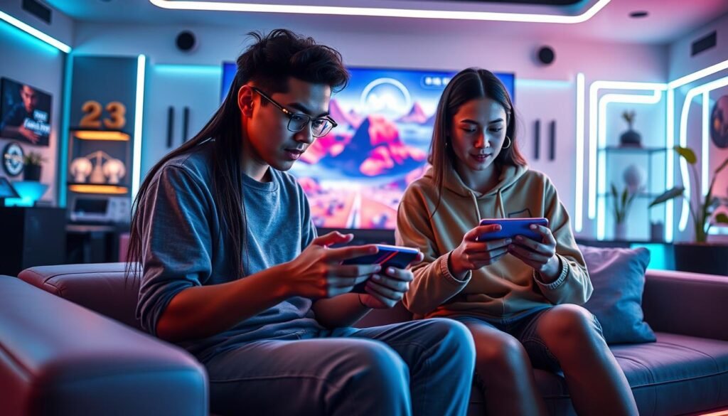 A futuristic mobile gaming scene showcasing a diverse group of gamers engaged in playing a next-gen mobile game with stunning visuals. In the foreground, two young adults of different ethnicities sit together on a sleek modern couch, both holding advanced mobile devices that emit a soft glow, reflecting their focused expressions. The middle ground features a large screen displaying breathtaking game graphics, with vibrant sci-fi landscapes and realistic character models. The background is a stylish gaming room adorned with ambient LED lighting and futuristic decor, enhancing the atmosphere of innovation. Soft, dynamic lighting casts highlights and shadows, creating depth in the scene. The mood is energetic and inspiring, illustrating the impact of next-gen visuals on the mobile gaming industry.