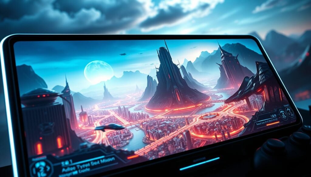 A high-resolution, ultra-detailed digital screen displaying a captivating sci-fi landscape. The screen is surrounded by a sleek, modern bezel, casting a soft glow. In the foreground, intricate user interface elements and interactive controls are visible, hinting at the immersive gaming experience. The middle ground features a stunning, futuristic cityscape with towering skyscrapers, floating vehicles, and a vibrant, neon-infused atmosphere. The background showcases a vast, alien world with towering mountains, glowing rivers, and a luminous, otherworldly sky. Dramatic lighting and depth of field create a sense of depth and realism, drawing the viewer into the captivating, technologically-advanced scene. A high-resolution, ultra-detailed digital screen displaying a captivating sci-fi landscape. The screen is surrounded by a sleek, modern bezel, casting a soft glow. In the foreground, intricate user interface elements and interactive controls are visible, hinting at the immersive gaming experience. The middle ground features a stunning, futuristic cityscape with towering skyscrapers, floating vehicles, and a vibrant, neon-infused atmosphere. The background showcases a vast, alien world with towering mountains, glowing rivers, and a luminous, otherworldly sky. Dramatic lighting and depth of field create a sense of depth and realism, drawing the viewer into the captivating, technologically-advanced scene.