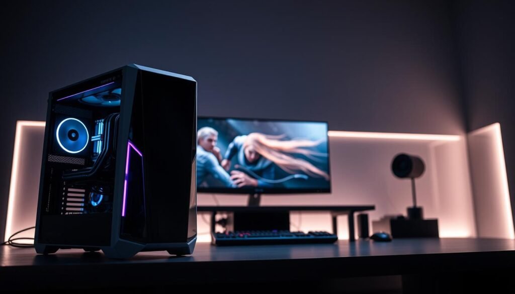 A high-tech computer workstation with a sleek, modern design. The foreground features a cutting-edge gaming PC with a transparent side panel, showcasing its powerful internals. In the middle ground, a high-resolution gaming monitor displays immersive visuals, surrounded by a minimalist desk setup. The background is dimly lit, with subtle ambient lighting accenting the workstation's clean, futuristic aesthetic. The scene conveys a sense of technological sophistication and the potential for exceptional gaming performance.