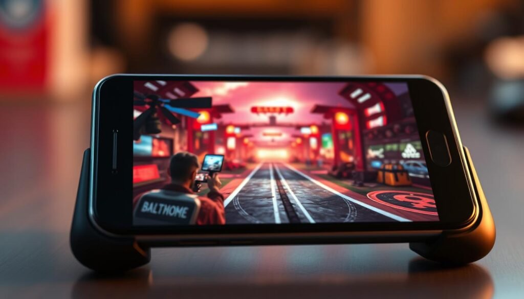 A highly detailed and meticulously optimized mobile device display, showcasing vivid graphics and sophisticated visual fidelity. The screen is front and center, illuminated by warm, natural lighting that accentuates the sleek hardware design. In the background, a subtle depth of field blurs the surrounding environment, focusing the viewer's attention on the captivating visuals. The image conveys a sense of technical prowess and the ability to deliver an immersive, high-quality gaming experience on a mobile platform, without sacrificing performance or visual integrity.