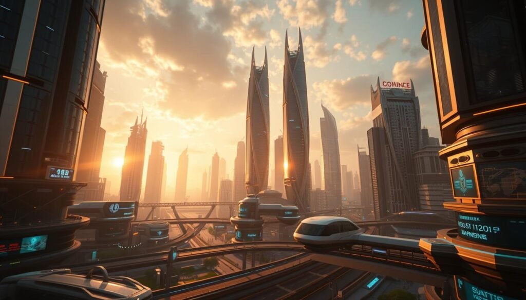 A hyperrealistic, ultra-detailed 3D rendering of a futuristic digital cityscape, "Visual Dunia", depicting a technologically advanced metropolis with towering skyscrapers, sleek transport systems, and seamless integration of virtual and physical realms. The scene is bathed in a warm, golden-hour glow, creating a sense of depth and atmosphere. The camera angle is slightly elevated, allowing for a sweeping panoramic view that showcases the scale and complexity of this digital world. Intricate architectural details, holographic displays, and subtle hints of advanced AI and automation pervade the environment, conveying a sense of wonder and immersion.