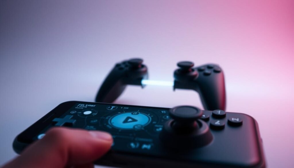 A meticulously designed user interface with a sleek, minimalist aesthetic. The foreground features a touchscreen display with intuitive virtual controls, allowing for precise and responsive gameplay on a mobile device. The middle ground showcases a seamless integration of physical and digital elements, with ergonomic hardware controls complementing the on-screen interface. The background subtly evokes a high-tech, futuristic atmosphere with subtle lighting accents and a clean, uncluttered design. The overall composition conveys a sense of seamless, immersive control and accessibility, perfectly suited for an enhanced mobile gaming experience. A meticulously designed user interface with a sleek, minimalist aesthetic. The foreground features a touchscreen display with intuitive virtual controls, allowing for precise and responsive gameplay on a mobile device. The middle ground showcases a seamless integration of physical and digital elements, with ergonomic hardware controls complementing the on-screen interface. The background subtly evokes a high-tech, futuristic atmosphere with subtle lighting accents and a clean, uncluttered design. The overall composition conveys a sense of seamless, immersive control and accessibility, perfectly suited for an enhanced mobile gaming experience.