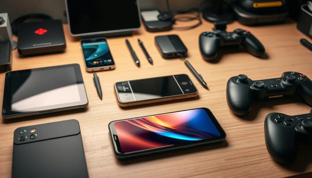 A neatly organized workbench showcasing a variety of modern mobile devices, including sleek smartphones, high-performance tablets, and gaming-focused handhelds. Soft, directional lighting illuminates the scene, casting gentle shadows and highlighting the premium materials and finishes of the devices. In the foreground, a powerful flagship smartphone takes center stage, its large, vibrant display and cutting-edge hardware components clearly visible. Surrounding it, a selection of complementary devices, such as a top-tier tablet with a stylus, a portable game console with advanced graphics, and a premium wireless gaming controller, all arranged in a visually appealing and informative layout. The overall atmosphere conveys a sense of technological sophistication, tailored to the needs of mobile gamers seeking an optimal gameplay experience.