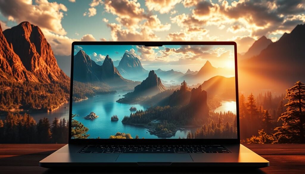 A photo-realistic, high-resolution image of a gaming laptop displaying a visually stunning 3D game world. The scene showcases lush, detailed landscapes with towering mountains, dense forests, and shimmering bodies of water. The lighting is dramatic, with warm sunlight filtering through scattered clouds, casting deep shadows and highlights that accentuate the depth and textures of the environment. The game characters and objects exhibit an exceptionally high level of graphical fidelity, with intricate details, smooth animations, and realistic materials and reflections. The entire composition exudes a sense of immersion and visual grandeur, exemplifying the pinnacle of mobile gaming graphics.