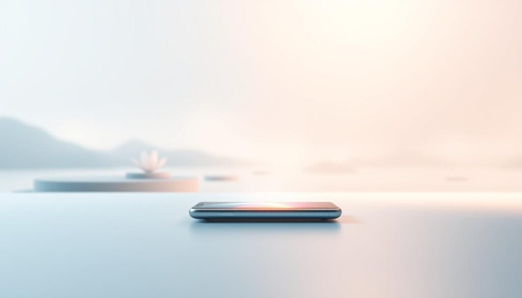 A serene, minimalist landscape depicting the concept of "optimasi pengalaman". In the foreground, a sleek, futuristic mobile device hovers elegantly, its screen emanating a soft, holographic glow. The device is situated on a smooth, reflective surface, creating a sense of depth and visual harmony. The middle ground features a tranquil, zen-inspired environment with stylized flora and gentle lighting, conveying a sense of balance and focus. The background is a softly blurred, ethereal expanse, with hints of technological elements subtly woven into the composition. The overall mood is one of calm, thoughtfulness, and the seamless integration of technology into a serene, immersive experience.
