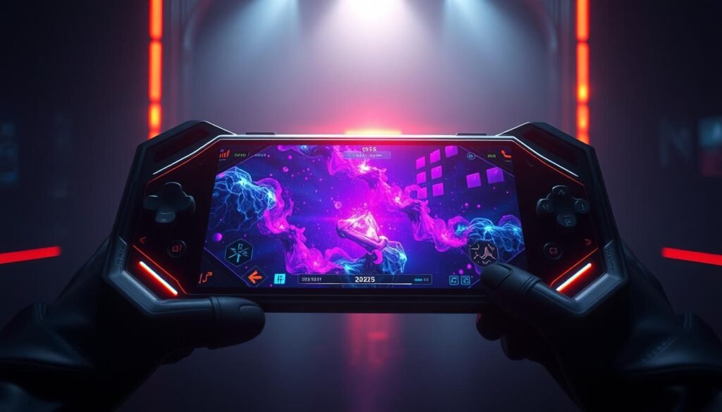 A striking, high-resolution image of a futuristic, state-of-the-art mobile game interface, showcasing cutting-edge graphics and visual fidelity. Set in a dimly lit, atmospheric environment, the scene features a sleek, minimalist display with vibrant, hyper-realistic textures and intricate details. Crisp, cinematic lighting illuminates the interface, casting dramatic shadows and highlights that accentuate the advanced visual design. The overall composition conveys a sense of immersion and technological sophistication, hinting at the groundbreaking gaming experiences that mobile devices will offer in the year 2025.