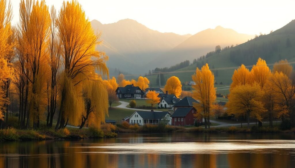 A stunning landscape of a serene autumn scene, set in the rolling hills of an idyllic rural setting. The foreground features a tranquil lake, its still waters reflecting the vibrant colors of the surrounding foliage. Tall, golden-leafed trees line the banks, their branches swaying gently in a soft breeze. In the middle ground, a winding path leads through a picturesque village, with charming cottages and quaint shops. The background is dominated by a breathtaking mountain range, their peaks touched by the warm, golden glow of the setting sun. The lighting is soft and diffused, creating a dreamlike, nostalgic atmosphere. The overall scene conveys a sense of peace, beauty, and the changing of the seasons.