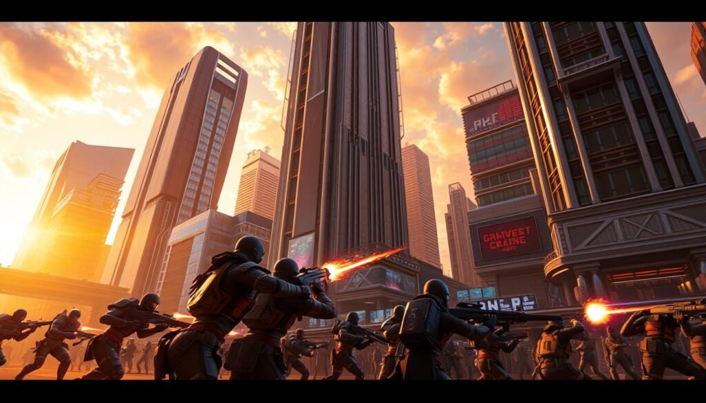 A stunning mobile game with top-tier graphics, set in a vibrant, futuristic cityscape. Sleek, modern buildings reach towards the sky, bathed in a warm, golden glow from the setting sun. In the foreground, a group of highly detailed characters engage in intense gameplay, their movements captured with a cinematic, wide-angle lens. Intricate textures and lighting effects create a sense of depth and realism, while the overall composition draws the viewer's eye towards the action. The mood is one of awe and excitement, hinting at the incredible visual fidelity and immersive experience that awaits players of this cutting-edge mobile game.
