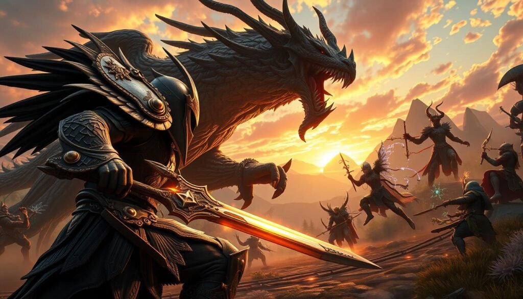 A stunningly detailed, ultra-realistic scene depicting a battle in "Ragnarok: Battle Eternal." In the foreground, a fierce warrior with ornate armor and a glowing sword engages an imposing mythical creature, showcasing dynamic action. The middle ground features other heroes and magical entities, each with unique, visually appealing designs and intricate details, engaged in combat. The background reveals a vibrant fantasy landscape, rich with lush forests, rocky mountains, and an enchanting sky bathed in a dramatic sunset. The lighting is warm and cinematic, creating a sense of urgency and grandeur, while the overall mood conveys epic adventure and nostalgia. Use a slight low-angle viewpoint to enhance the scale and intensity of the battle.