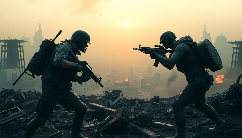 A vast, apocalyptic battlefield, shrouded in a hazy, eerie atmosphere. In the foreground, two heavily armed combatants engage in a tense, high-stakes showdown, their weapons drawn and expressions intense. The middle ground is littered with the wreckage of destroyed structures, creating a sense of chaos and urgency. The background features a sprawling, dystopian cityscape, bathed in the warm glow of a setting sun, adding a sense of drama and foreboding. The scene is captured with a cinematic, wide-angle lens, emphasizing the scale and intensity of the battle royale. The overall mood is one of gritty, high-octane action and a fierce struggle for survival.