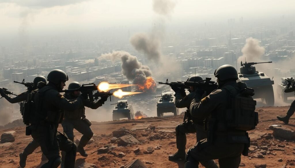 A vast, expansive military battlefield with intense combat between heavily armed Delta Force operatives. In the foreground, a squad of elite soldiers in tactical gear engage in a fierce firefight, their weapons blazing with muzzle flashes. The middle ground is a chaotic scene of explosions, billowing smoke, and the movement of armored vehicles. In the background, a sprawling urban landscape with skyscrapers and military infrastructure sets the stage for the epic scale of the engagement. Dramatic lighting casts dramatic shadows, creating a sense of high-stakes intensity. The overall atmosphere is one of gritty realism, technological sophistication, and the raw power of modern warfare.