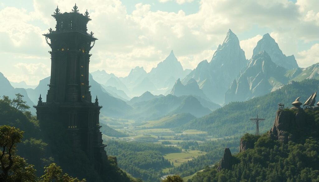 A vast, open-world landscape of Eternal Nexus, where fantastical creatures and mystical forces converge. In the foreground, a towering, ancient structure stands, its intricate architecture and glowing energy fields hinting at a rich, adaptive AI-driven narrative. Lush, verdant forests and rolling hills stretch out in the middle distance, while in the background, towering mountain peaks pierce the sky, their jagged silhouettes framing the scene. Soft, ambient lighting casts a warm, ethereal glow, and a sense of wonder and exploration permeates the atmosphere. The viewer is drawn into this captivating, immersive world, eager to uncover its secrets and embark on an unforgettable adventure.