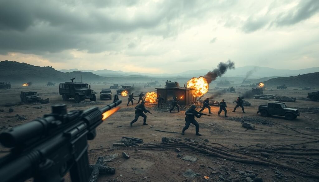 A vast, rugged battleground stretches out, dotted with crumbling buildings and military vehicles. In the center, a group of heavily armed soldiers engage in a fierce firefight, their weapons blazing as they vie for control of the strategic location. The sky is overcast, casting a somber, cinematic glow over the scene, and the sound of explosions and gunfire echoes across the landscape. The camera sweeps across the scene, capturing the intensity of the battle from a dynamic, third-person perspective, showcasing the epic scale and immersive, console-quality graphics of this mobile battle royale experience.