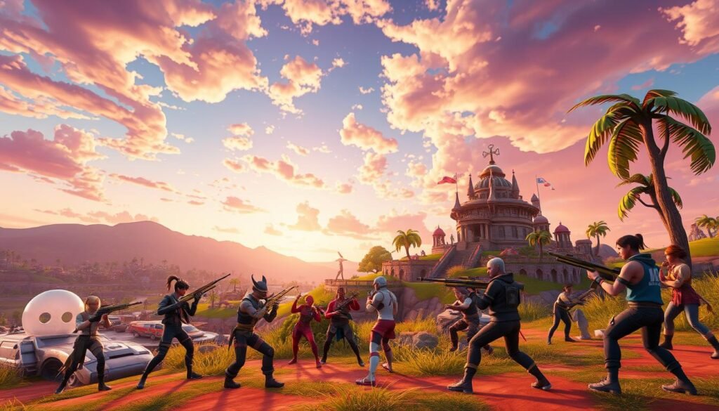 A vibrant and dynamic scene depicting a Fortnite Battle Royale experience set on a colorful island landscape. In the foreground, a diverse group of character avatars in stylish, unique outfits, engaging in an intense, friendly showdown with various weapons. The middle ground features a beautiful blend of structures made from a mix of futuristic materials and natural elements, like trees and rocks, embodying Fortnite's signature building mechanics. The background showcases a stunning sunset sky filled with dramatic clouds and a distant mountain range, illuminating the scene with warm, golden light. The atmosphere is energetic and playful, evoking a sense of adventure and competition. Use a slightly elevated angle to capture the action and depth of the colorful landscape, emphasizing the immersive experience of battle royale gameplay.