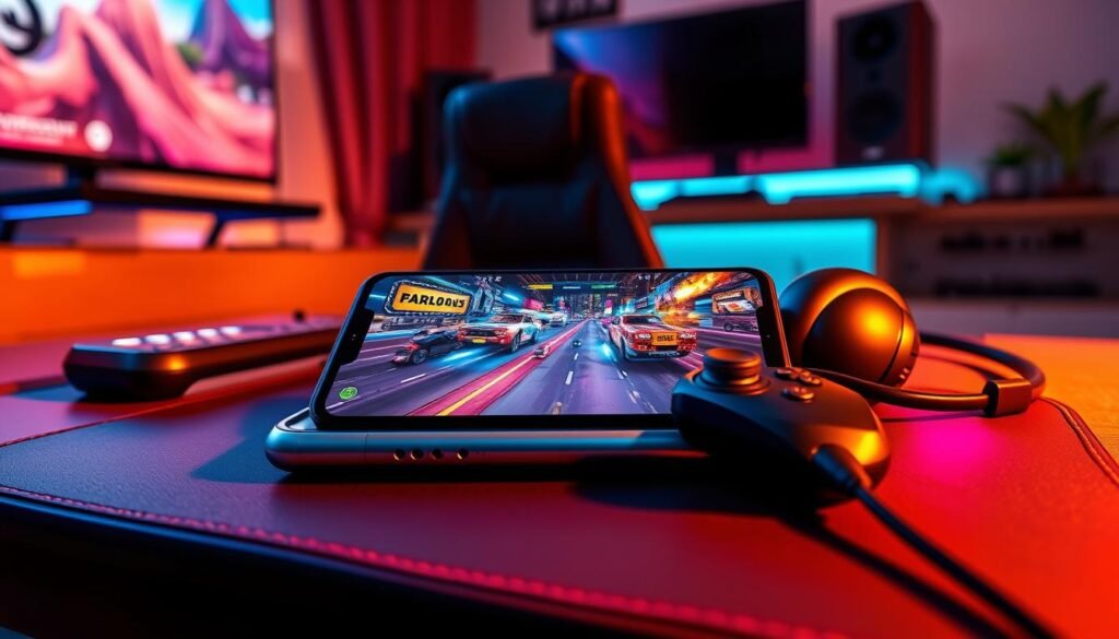 A vibrant digital illustration showcasing a mobile gaming setup, emphasizing tips for maximizing mobile gaming experiences. In the foreground, a sleek, modern smartphone lies on a stylish gaming pad, surrounded by high-quality gaming accessories like a comfortable gaming controller and headphones. The middle layer features vibrant gaming graphics visible on the smartphone screen, displaying action-packed visuals reminiscent of high-definition PC games. In the background, a cozy gaming environment with soft LED lighting creates an inviting mood, perhaps with a stylish desk and subtle decor. The lighting is warm and focused, creating a lively yet relaxing atmosphere. The overall composition conveys excitement and engagement, appealing to mobile gamers looking to enhance their gaming experience.