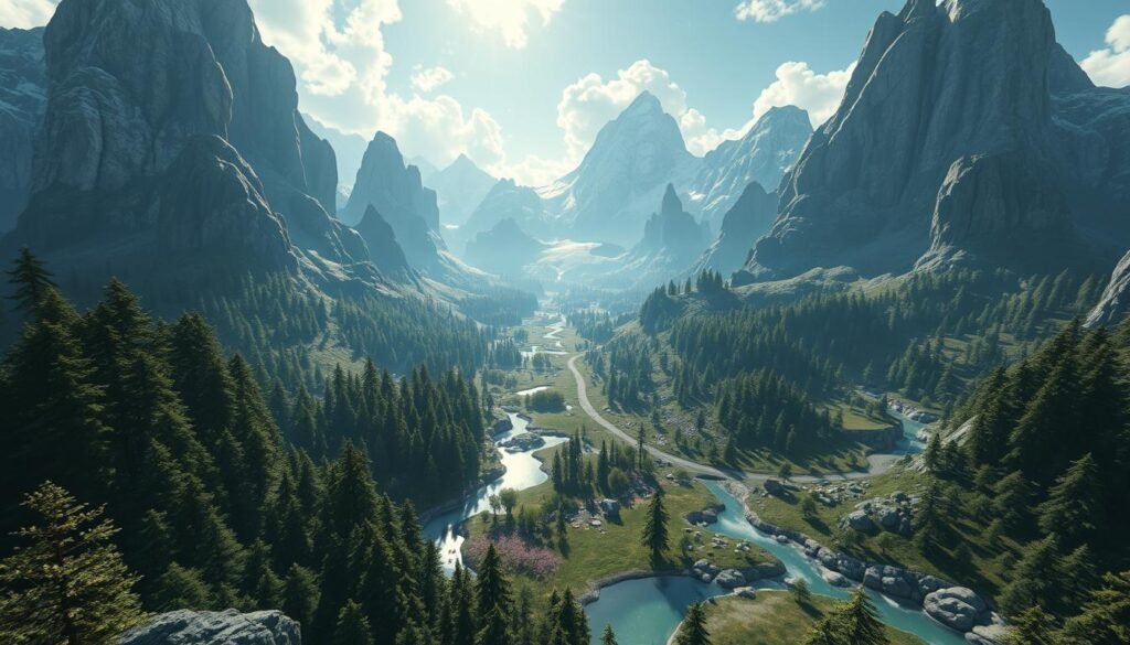 A visually stunning and realistic landscape showcasing the pinnacle of mobile game graphics in 2025. The scene depicts a vast, open world with meticulously detailed environments, from lush forests and towering mountains to glistening bodies of water. Realistic lighting casts natural shadows and highlights, creating a sense of depth and atmosphere. The camera angle captures a sweeping, cinematic perspective, emphasizing the grandeur and immersive nature of the virtual world. The overall visual quality is on par with contemporary PC gaming experiences, highlighting the technological advancements that have enabled such remarkable mobile graphics.