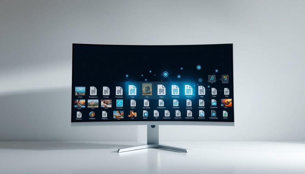 A well-lit, high-resolution 3D rendered scene of a computer monitor displaying various image file types and formats. The monitor is set against a clean, minimalist background, with soft shadows and indirect lighting creating a professional, technical atmosphere. The foreground features an array of image thumbnails, icons, and file extension logos, showcasing the different ways digital images can be utilized and optimized. The midground includes a holographic-style UI overlay, highlighting the process of selecting, managing, and optimizing image assets. The background subtly depicts the interconnected digital landscape, hinting at the broader context of PC graphics and mobile gaming.