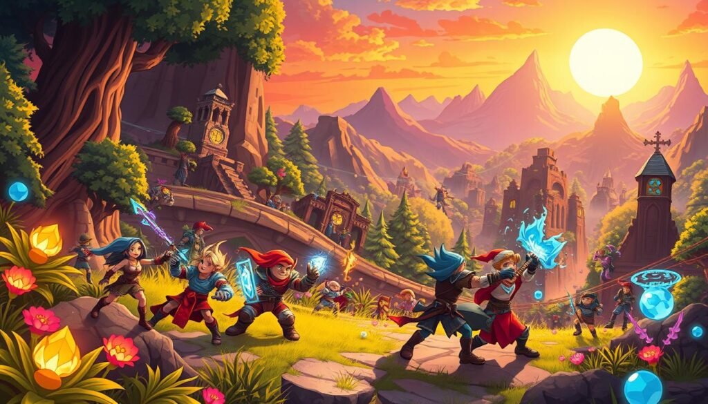 Create a vibrant, cartoonish illustration of the fantasy world of "Torchlight: Infinite." In the foreground, feature a diverse group of adventurers, clad in colorful, stylized armor, engaging in a dynamic action pose, showcasing their unique abilities with magical effects. In the middle ground, depict lush, enchanted forests filled with glowing plants, and ancient ruins that blend seamlessly with whimsical creatures. In the background, present a breathtaking skyline of mystical mountains under a radiant sunset, casting warm and inviting light throughout the scene. Capture a sense of adventure and wonder, with bright color palettes, soft shadows, and a cheerful atmosphere, all without any text or watermarks.