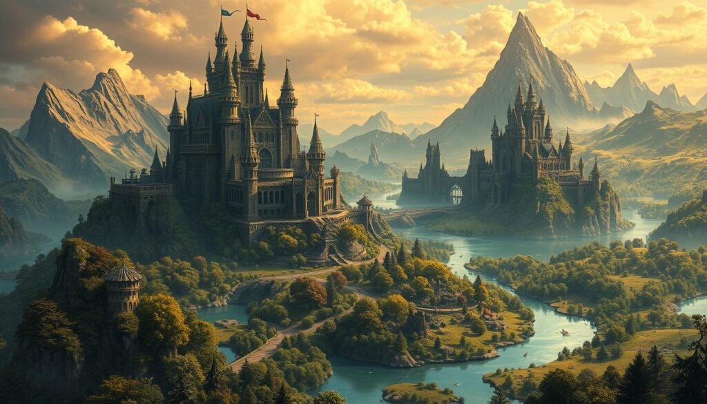 Detailed fantasy landscape of the mystical world of Aetherion. A vast, majestic castle stands atop a towering mountain, its turrets and spires reaching towards the heavens. Lush forests, shimmering lakes, and rolling hills surround the castle, infused with a magical energy. Intricate architectural details, arcane symbols, and fantastical creatures populate the scene, creating a captivating and immersive atmosphere. Warm, golden lighting filters through wispy clouds, casting a serene glow over the entire tableau. The perspective is from a slightly elevated angle, allowing the viewer to take in the grandeur and scale of this legendary realm.