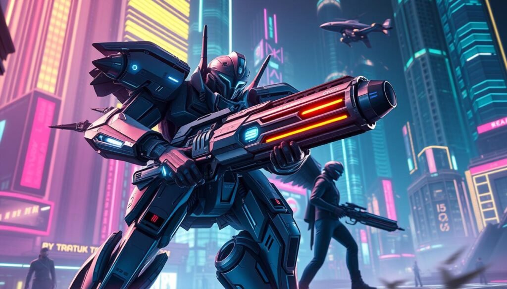 Shadowgun Legends Aether Gazer dunia neon: A futuristic cityscape bathed in vibrant neon lights, where sleek mecha-inspired mechs clash in intense combat. In the foreground, a powerful Aether Gazer unit wielding a gleaming energy rifle, its exquisite details and intricate armor design captured in sharp focus. Behind it, the towering Shadowgun Legends protagonist strides forward, their battle-hardened silhouette backlit by the pulsing glow of towering skyscrapers and hovering vehicles. A dynamic, high-contrast scene that evokes a sense of advanced technology, cinematic action, and the striking aesthetic of the anime and sci-fi genres.