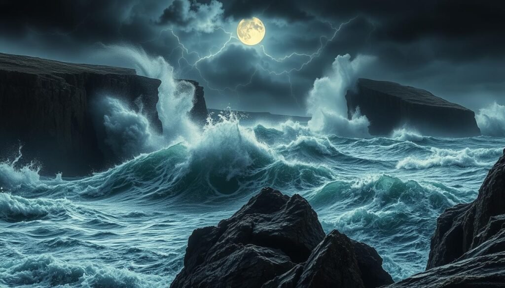 Wuthering waves crashing against rugged cliffs, foaming and churning with primal energy. Towering swells rise and fall, their crests illuminated by flickering bolts of lightning in a stormy, ink-black sky. Ethereal beams of moonlight pierce the roiling clouds, casting a haunting glow upon the raging seascape. Spray and mist swirl in the gusting winds, creating an atmosphere of untamed, elemental power. Capture the fury and dynamism of this untamed coastal scene, framed by dramatic rock formations that loom large in the foreground. Render this captivating, moody landscape with a cinematic, high-contrast aesthetic that evokes the tension and drama of the "Wuthering Waves" subject.