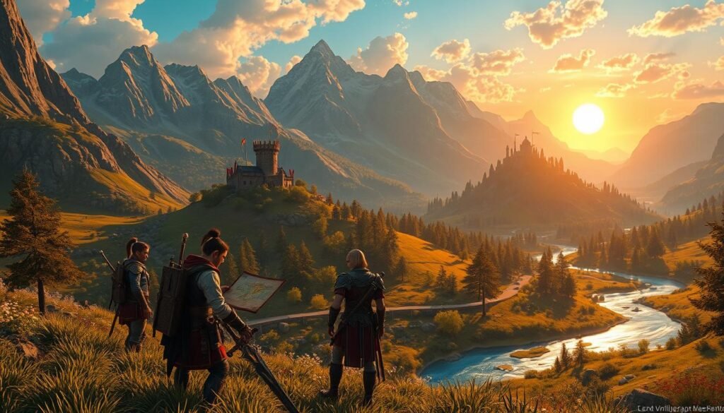 A breathtaking open-world RPG landscape, featuring a lush, verdant valley surrounded by majestic mountains under a vibrant sunset. In the foreground, a diverse group of adventurers, clad in fantasy-inspired armor and clothing, strategizes near a sparkling river. One character is studying an ancient map, while another sharpens their sword, exuding determination and camaraderie. The middle ground showcases a grand, ancient castle perched on a hill, with banners fluttering in the gentle breeze. The background is filled with dense forests and a crystal-clear sky dotted with fluffy clouds, creating an enchanting and immersive atmosphere. The lighting is warm and golden, highlighting the details of the characters and scenery, capturing the adventurous spirit of RPG exploration.