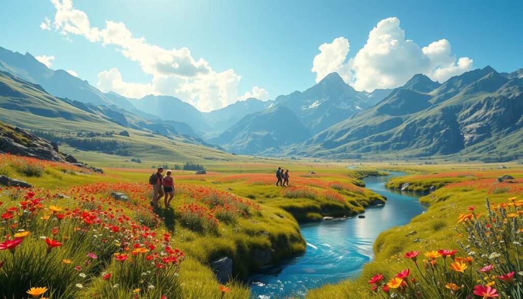 A breathtaking open-world mobile game landscape featuring a vast, lush green valley dotted with vibrant wildflowers under a clear blue sky. In the foreground, a winding river glimmers in the sunlight, reflecting the vivid colors around it. In the midground, a group of adventurers, dressed in colorful, modern casual clothing, are exploring the terrain, their expressions filled with curiosity and excitement. Towering mountains encircle the scenery in the background, with soft, fluffy clouds casting gentle shadows across the peaks. The lighting is warm and inviting, creating a sense of adventure and wonder, while a wide-angle perspective captures the expanse of the environment, emphasizing the freedom of exploration.