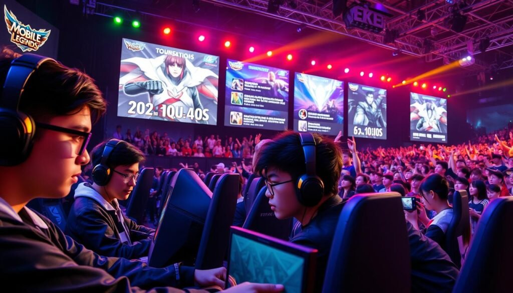 A dynamic and vibrant scene depicting the evolution of Mobile Legends tournaments over the years. In the foreground, professional gamers in sleek gaming attire are engaged in an intense match, their faces focused and determined, surrounded by high-tech equipment like gaming monitors and RGB lighting. The middle-ground features large screens showcasing past tournament highlights, awards, and significant milestones in the Mobile Legends competitive scene. In the background, a cheering crowd, illuminated by colorful stage lights, adds to the excitement, embodying the sense of community and passion surrounding these events. The atmosphere is electric and celebratory, with a dramatic angle capturing the action, emphasizing both the players and the engaging environment, bathed in warm, inviting lighting that enhances the overall mood.