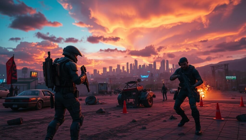 A dynamic battle royale scene set on a vibrant, expansive urban battlefield, showcasing two diverse characters in the foreground—one equipped with futuristic armor and a high-tech weapon, and the other in tactical gear, preparing for combat. The middle ground features debris and abandoned vehicles, creating a sense of urgency. In the background, a stunning skyline at twilight, with dramatic clouds illuminated by a mix of orange and purple hues, enhances the intensity. The lighting is a blend of natural twilight and artificial neon glows, providing a cinematic feel. The atmosphere is tense, filled with the anticipation of action, conveying the adrenaline rush typical of console-quality gaming experiences.