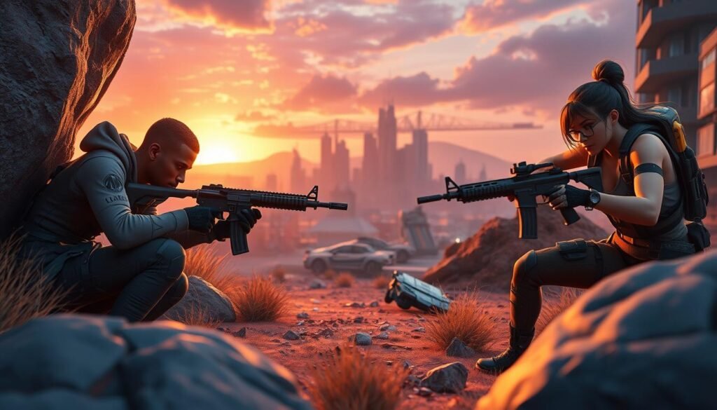 A dynamic scene from a mobile shooter battle royale game unfolds in the foreground, featuring two diverse characters in tactical gear, engaged in an intense gunfight. One character, a Black male, crouches behind a large rock for cover, aiming a sleek assault rifle, while the other character, a Latina female, stealthily flanks from the left, holding a submachine gun. In the middle ground, a vibrant urban landscape, complete with futuristic buildings and scattered debris, highlights the chaos of battle. The background reveals a dramatic sunset, casting a warm orange and deep purple glow across the sky, creating intense contrasts against the intricate details of the game environment. The atmosphere is charged with tension and adrenaline, reflecting the realism of high-end PC graphics. Use cinematic lighting with a shallow depth of field to emphasize the action.