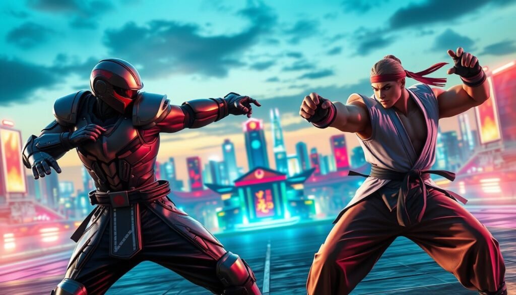 A dynamic scene showcasing the innovative graphics of a new fighting game. In the foreground, two diverse fighters, one with sleek, high-tech armor and the other in a stylized martial arts outfit, are mid-action, demonstrating a visually striking move. Bright, vivid colors illuminate their detailed textures, highlighting smooth animations. The middle ground features a digitally rendered arena with futuristic architecture, enhancing the next-level gaming experience. The background boasts a vibrant city skyline at dusk, with neon lights casting an ethereal glow across the scene. Soft, dramatic lighting enhances the mood, creating an intense atmosphere. The camera angle is slightly tilted to emphasize rapid motion, capturing the essence of an exhilarating fight.