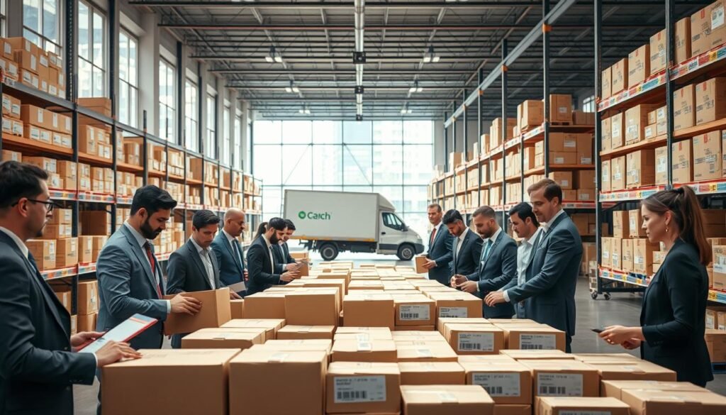 A modern logistics management scene, showcasing a bustling fulfillment center. In the foreground, a diverse group of professionals in smart business attire engaged in various tasks, such as packing boxes, checking inventory, and coordinating shipments. The middle ground features rows of organized shelving filled with subscription boxes, all labeled neatly, with some workers scanning barcodes. In the background, large windows let in bright, natural light, illuminating the space and creating a vibrant atmosphere. A delivery truck is parked outside, ready for dispatch. Capture the dynamic energy of teamwork and efficiency, with focus on clarity and organization. The image should have a bright, optimistic mood, emphasizing progress and innovation in logistics.