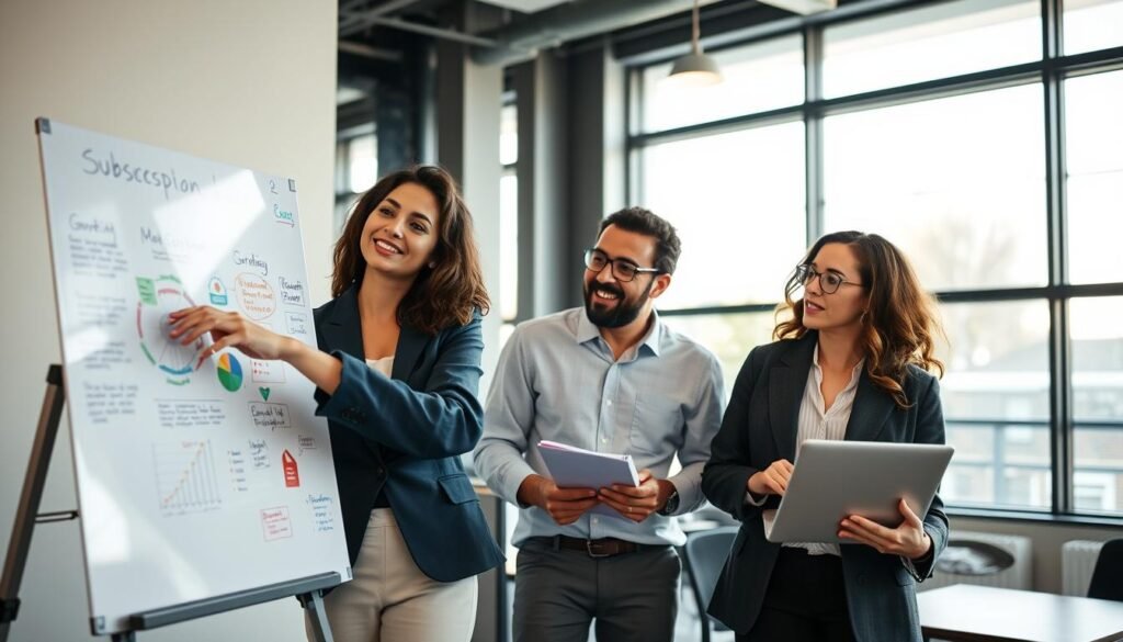 A modern office environment featuring a diverse group of four professionals engaged in a collaborative business planning session. In the foreground, a woman in a tailored blazer points at a large whiteboard filled with colorful diagrams and notes about subscription box strategies. Beside her, a man wearing glasses takes notes on a laptop, while a woman in a smart casual outfit explains a chart visualizing growth trends. In the background, large windows illuminate the space with natural light, creating a bright and inspiring atmosphere. The setting conveys focus and creativity, emphasizing teamwork and strategic thinking in developing a solid business plan for a subscription model. The composition is captured from a slightly elevated angle to provide a dynamic view of the interaction and workspace.