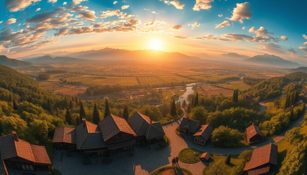 A panoramic view of Peta County in Leonida, showcasing the diverse landscape that includes rolling hills, dense forests, and winding rivers. In the foreground, a small rustic town with charming houses and local shops, featuring cobblestone streets, bustling with characters dressed in professional attire. The middle ground highlights sprawling farmland and fields dotted with livestock, while the background reveals towering mountains under a vibrant, sunset sky. Soft lighting casts a warm glow over the scene, creating a welcoming atmosphere. Capture the essence of a detailed, sprawling map, reminiscent of expansive game environments, using a wide-angle lens to enhance depth and perspective. Emphasize the beauty and complexity of the county, evoking a sense of adventure and exploration.