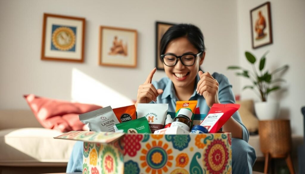 A vibrant and inviting scene depicting a subscription box specifically tailored for Indonesian consumers. In the foreground, a beautifully designed subscription box, featuring colorful patterns inspired by traditional Indonesian art, is partially opened to reveal an array of delightful products, such as local snacks, handmade crafts, and wellness items. In the middle ground, an enthusiastically engaged individual in smart casual attire examines the contents, showcasing excitement and curiosity. In the background, a cozy setting with subtle Indonesian décor, perhaps a plant or traditional artwork, adds warmth to the atmosphere. Soft natural lighting illuminates the scene, creating an uplifting and optimistic mood. The composition is inviting and focused, capturing the essence of personalization and the growing subscription box business in Indonesia.