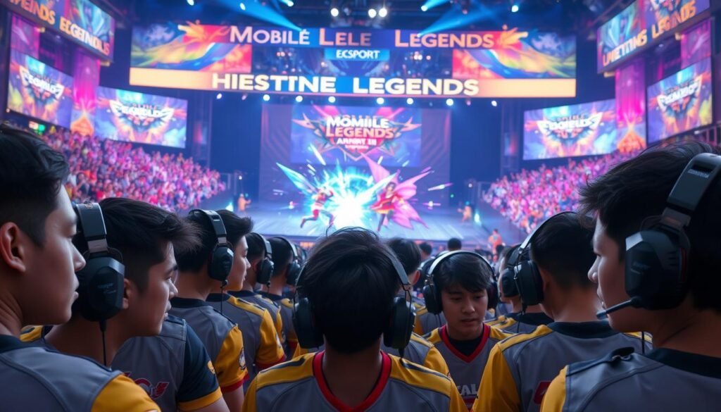 A vibrant esports arena filled with excitement, showcasing a Mobile Legends tournament highlight scene. In the foreground, a diverse group of players intensely focused on their screens, wearing professional gaming headsets and jerseys. They display expressions of concentration and teamwork. In the middle ground, two animated in-game characters from Mobile Legends, engaged in an epic battle surrounded by dynamic visual effects of magic and combat, showcasing skillful gameplay. The background features a cheering crowd, illuminated by colorful stage lights and banners celebrating the event. The atmosphere is electric, filled with anticipation and energy, captured with a wide-angle lens to emphasize the scale of the event, enhanced by dramatic lighting that highlights the players and the gaming action.