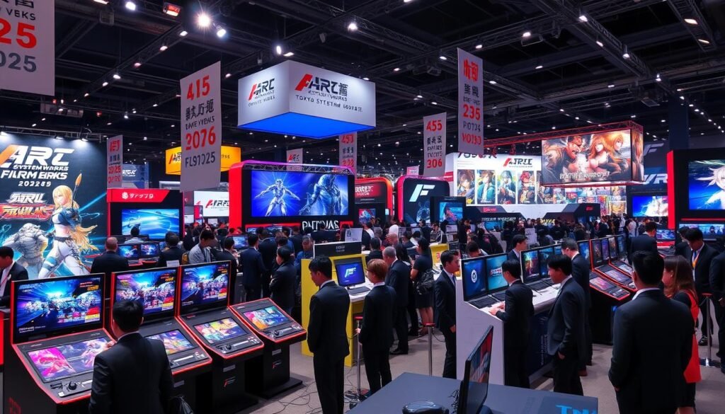 A vibrant scene at the Tokyo Game Show 2025, showcasing an impressive Arc System Works booth. In the foreground, an array of colorful game displays featuring dynamic new fighting games, with sleek, high-tech consoles. In the middle ground, attendees in professional business attire are engaged with the exhibits, eagerly watching gameplay demos and interacting with game developers. The background reveals a bustling convention hall, filled with large banners and vivid screens displaying promotional art and trailers. The atmosphere is electric, with bright spotlights illuminating the booth and showcasing the intricate graphics of the games. Capture the excitement and innovation of the gaming community, with a focus on next-level graphics. Shot from a slightly elevated angle to encompass the entire scene in rich detail.