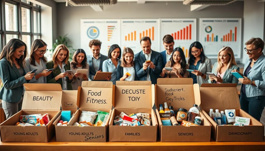 A visual representation of customer segmentation for a subscription box service. In the foreground, diverse groups of people are engaging with subscription boxes, dressed in smart casual attire, showcasing excitement and curiosity. In the middle ground, various subscription boxes are displayed, labeled with different categories like beauty, food, fitness, and tech. Each box is opened, revealing enticing products tailored for specific demographics, like young adults, families, and seniors. The background features a soft-focus office environment with charts and graphs depicting customer behavior and demographics. Natural light filters through large windows, casting a warm ambiance, and promoting a sense of professionalism and innovation in the subscription box business atmosphere.