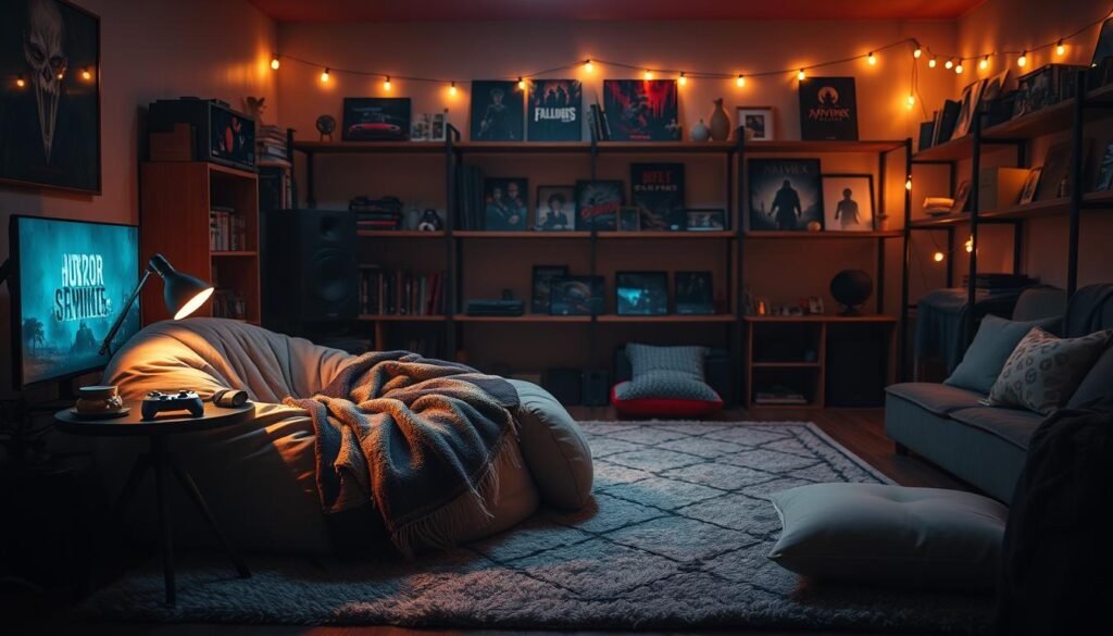 A comforting and visually inviting "safe zone" for horror gaming, set in a dimly lit room with warm-toned ambient lighting. In the foreground, there’s a plush, oversized bean bag chair and a cozy blanket draped over a small side table filled with snacks and a glowing game controller. The middle layer features a soft rug and scattered cushions, creating an inviting lounging area. The background consists of shelves lined with horror-themed games and artwork, subtly lit by string lights, casting soft shadows. The atmosphere exudes a mix of excitement and safety, inviting gamers to immerse themselves without fear. Use a wide-angle lens effect to capture the coziness and depth of the room, ensuring a warm, inviting feel.