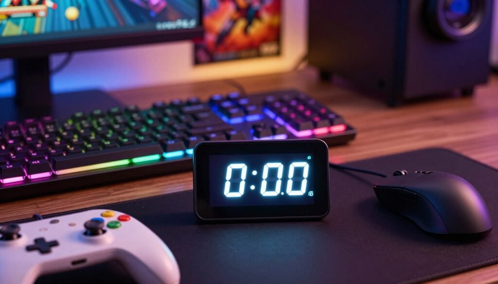 A high-resolution image capturing a speedrun timer setup for efficient gaming. In the foreground, prominently feature a sleek, digital speedrun timer with a bright LED display showing a countdown. Surrounding the timer, have colorful game controller buttons and a gaming mouse, reflecting the excitement of speedrunning. In the middle ground, include a stylish gaming keyboard with customizable RGB lighting, creating a dynamic atmosphere. The background should be a softly blurred gaming room, illuminated by ambient lighting and posters of iconic video games, enhancing the theme. Shoot from a slightly elevated angle to showcase the intricacies of the equipment, while maintaining a vibrant yet focused mood that conveys the thrill of speedrunning challenges.