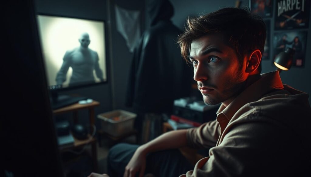 A tense gaming scenario in a dimly lit room, emphasizing the theme of "anticipating jumpscares." In the foreground, a focused gamer in professional casual attire, with wide eyes and tense posture, gazes intensely at a computer screen emanating a flickering light. In the middle ground, a shadowy figure lurks just beyond the screen's glow, hinting at an impending scare, while an ominous ambiance permeates the space. The background features dark walls adorned with horror game posters, and a cluttered desk scattered with game guides and snacks. Use a low-angle perspective to amplify the tension, with soft, directional lighting highlighting the gamer’s expressions and the eerie glow of the screen, creating a suspenseful atmosphere filled with anticipation and caution.
